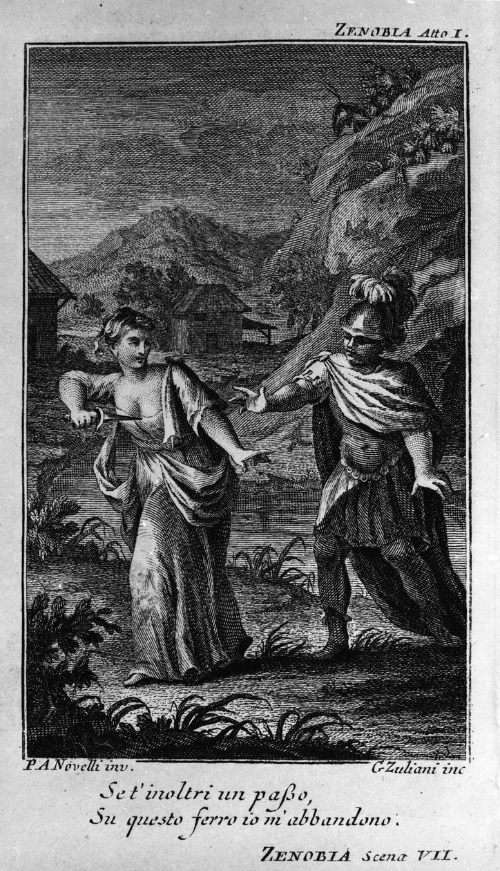 Kohtaus ensimmäisen näytöksen "" Zenobia"" (Zenobie), säveltäjä Niccolo Vito Piccinni (tai Piccini) (1728-1800) (1756) ooppera Pietro Metastasion (Metastase) libreton jälkeen. Kaiverrus 1700-luvun lopulta tekijältä Unknown artist