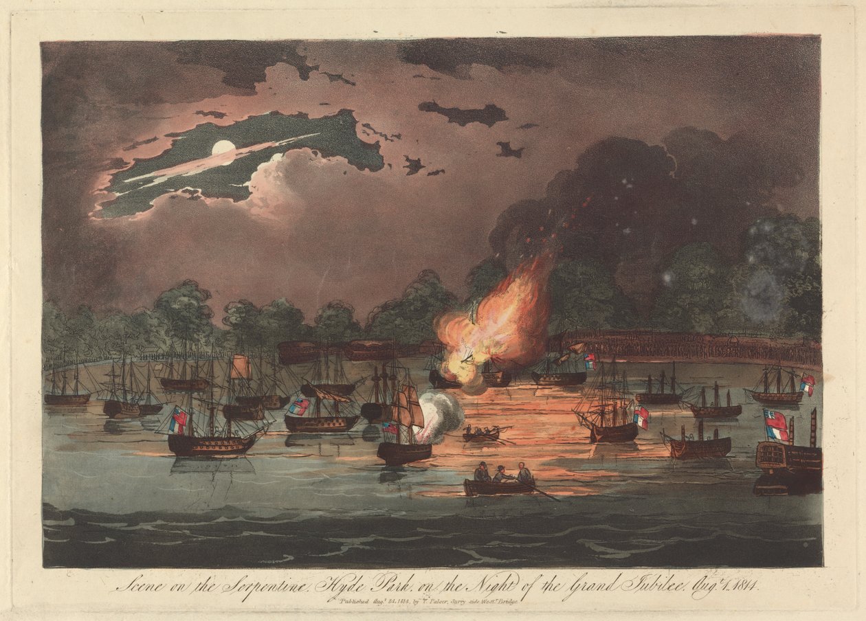 Kohtaus Serpentiinillä, Hyde Park suuren juhlavuoden yönä, 1. elokuuta 1814 tekijältä Unknown artist