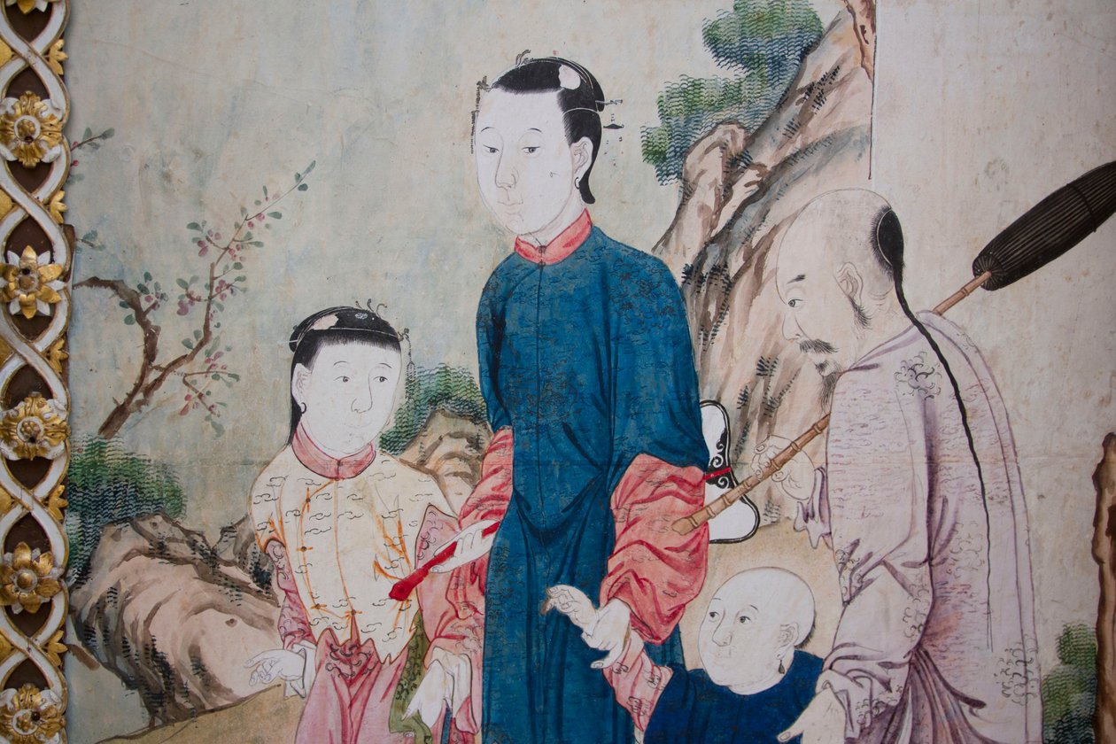 Kiinan arjen kohtauksia, kiinalaisen tapetin yksityiskohta, kiinalainen kaappi, metsästysasunto, kirjoittanut Filippo Juvarra (1678-1736), Stupinigi, Piemonte, Italia tekijältä Unknown artist