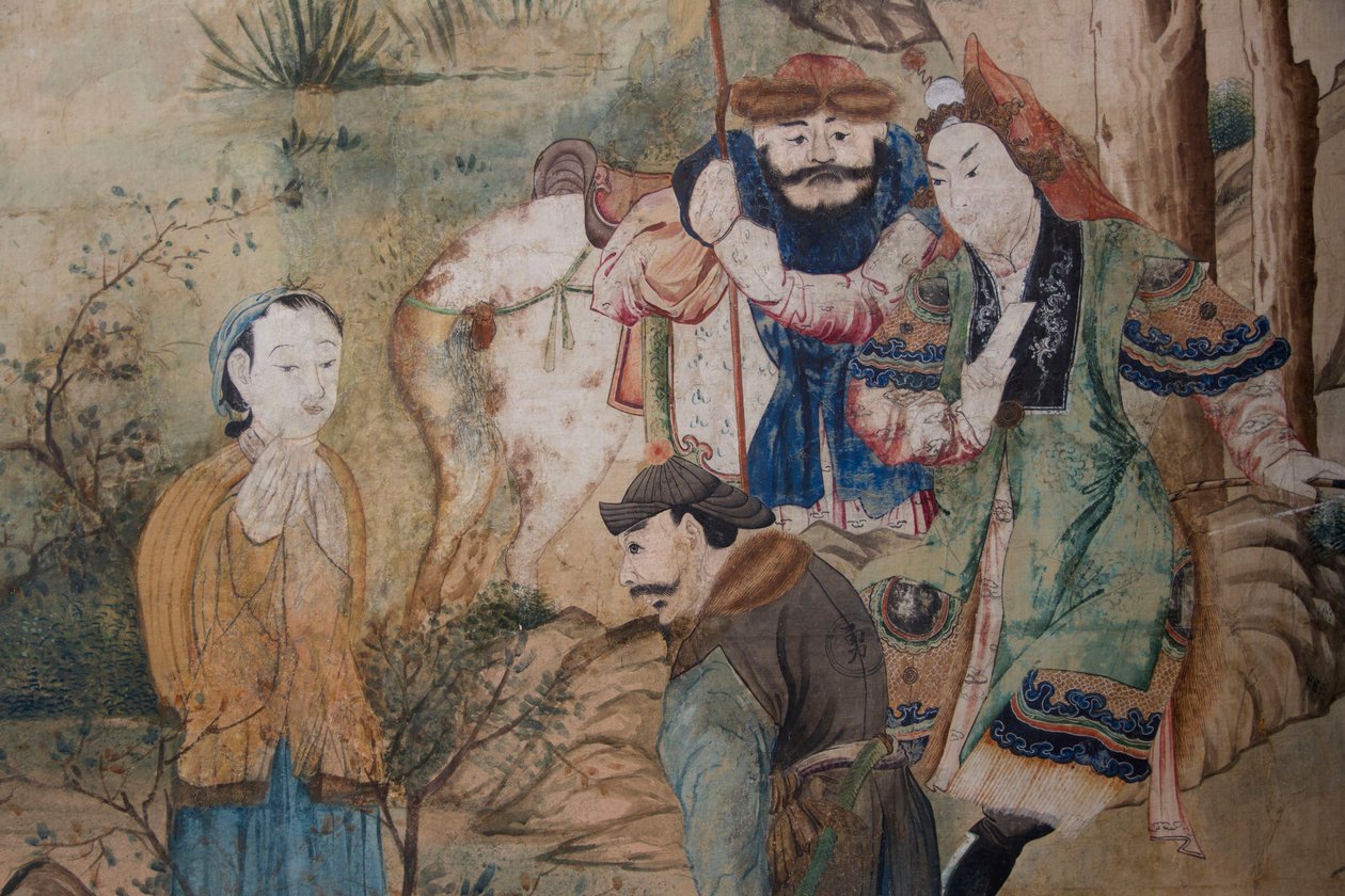 Kiinan arjen kohtauksia, kiinalaisen tapetin yksityiskohta, kiinalainen kaappi, metsästysasunto, kirjoittanut Filippo Juvarra (1678-1736), Stupinigi, Piemonte, Italia tekijältä Unknown artist