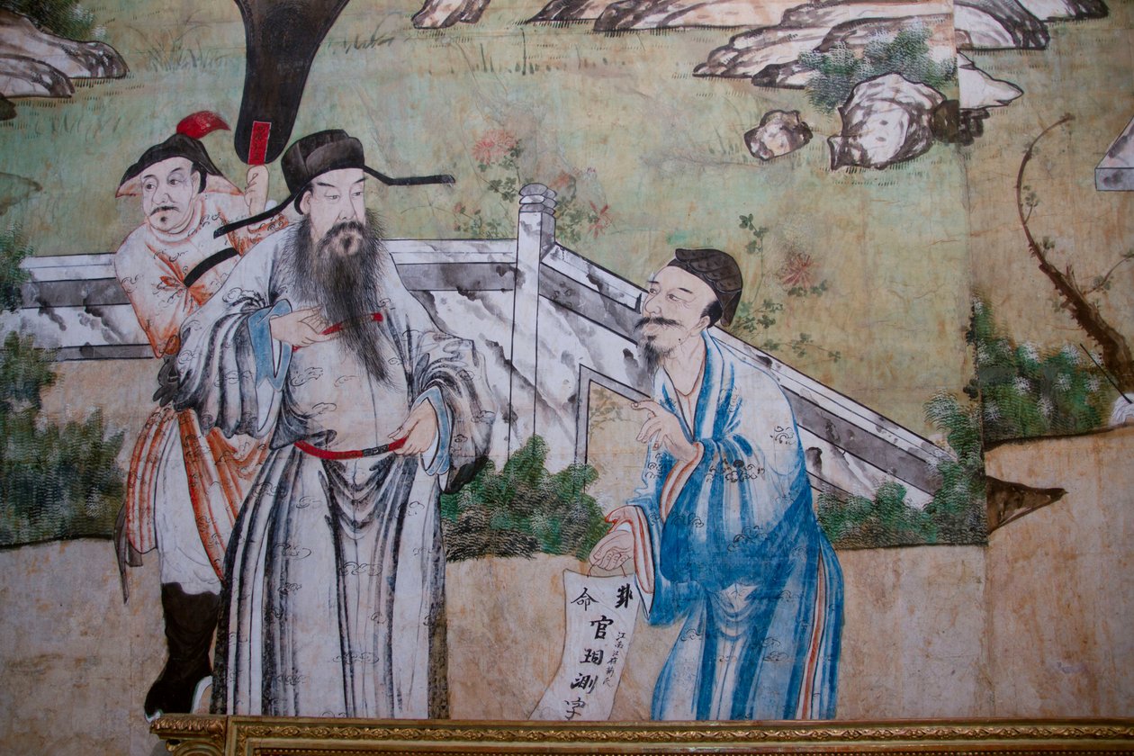Kiinan arjen kohtauksia, kiinalaisen tapetin yksityiskohta, kiinalainen kaappi, metsästysasunto, kirjoittanut Filippo Juvarra (1678-1736), Stupinigi, Piemonte, Italia tekijältä Unknown artist