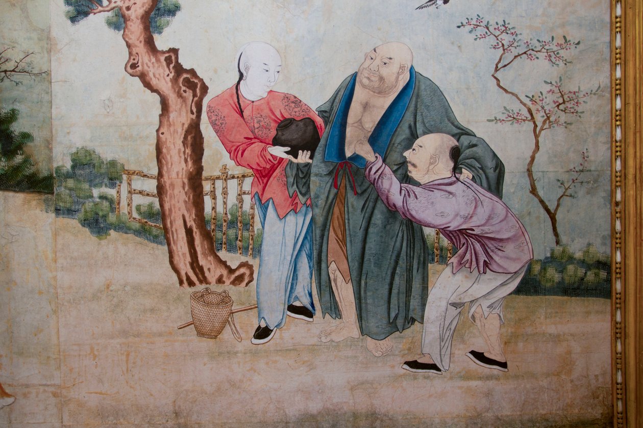 Kiinan arjen kohtauksia, kiinalaisen tapetin yksityiskohta, kiinalainen kaappi, metsästysasunto, kirjoittanut Filippo Juvarra (1678-1736), Stupinigi, Piemonte, Italia tekijältä Unknown artist
