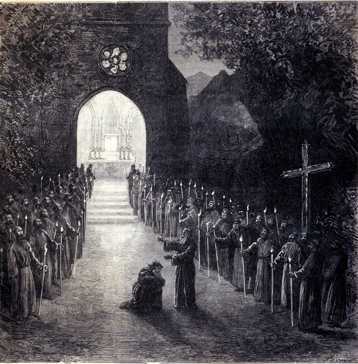 Lavastus II näytöksen viimeiseen kohtaukseen italialaisen säveltäjän Giuseppe Verdin (1813-1901) oopperaan "La forza del destino" (Kohtalon voima) esitykseen Pariisin oopperassa tekijältä Unknown artist
