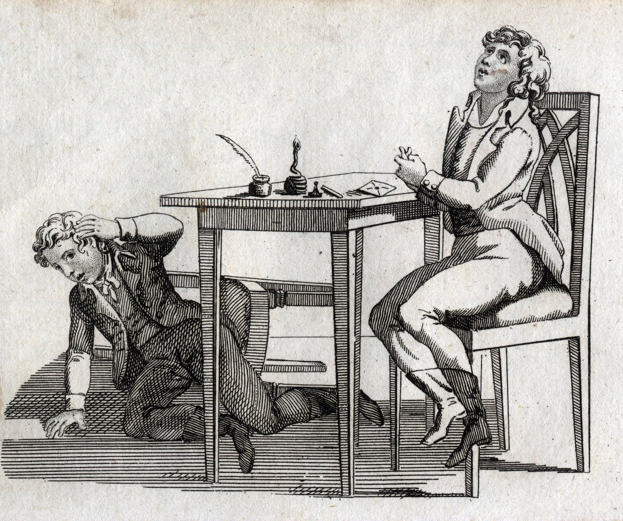 Koululaisilla on pöytä mustepinnalla. Kaiverrus 1700-luvun lopulla. Yksityinen kokoelma. tekijältä Unknown artist