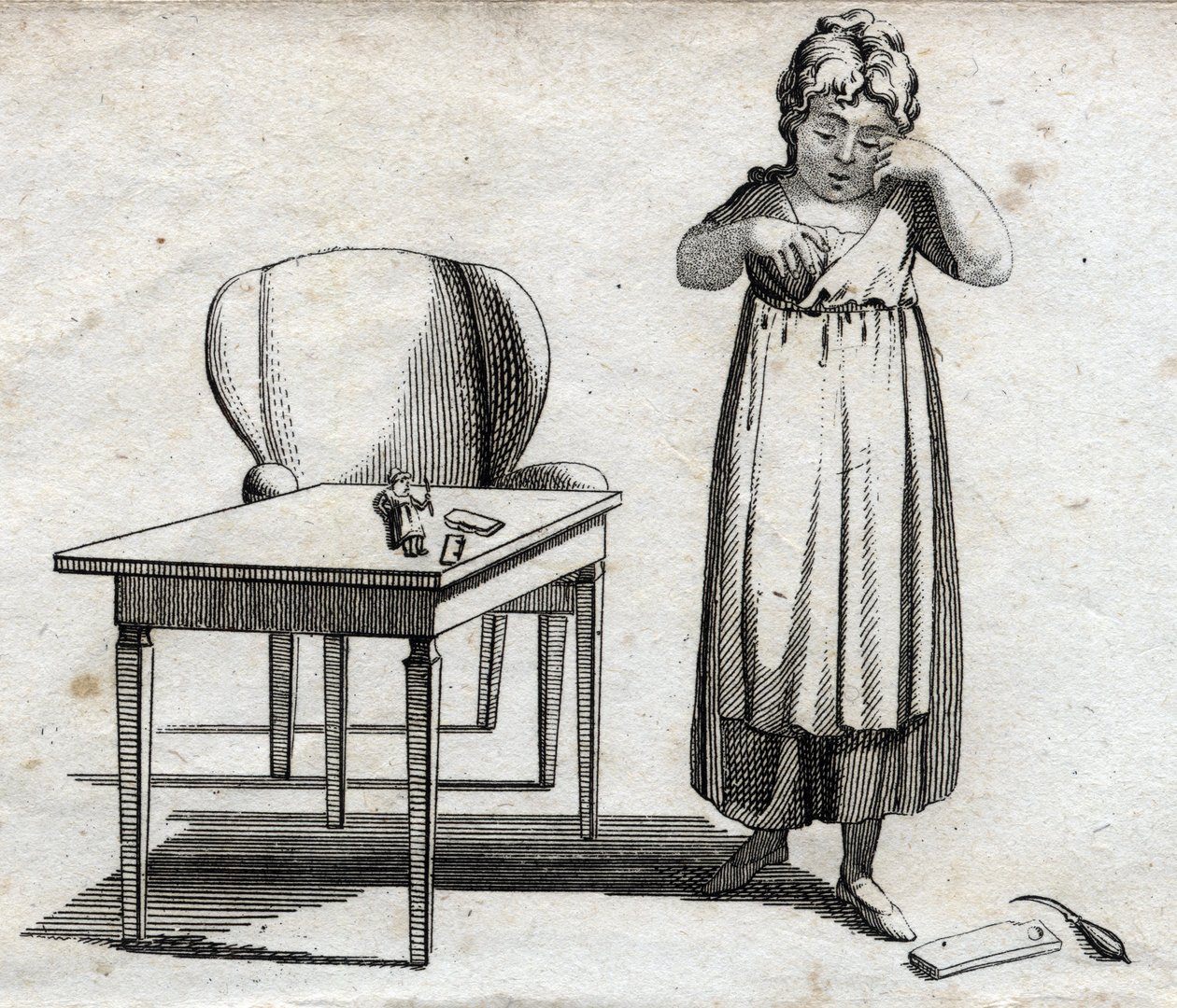 Koulutyttö haluaa tehdä läksynsä. Kaiverrus 1700-luvun lopulla. Yksityinen kokoelma. tekijältä Unknown artist