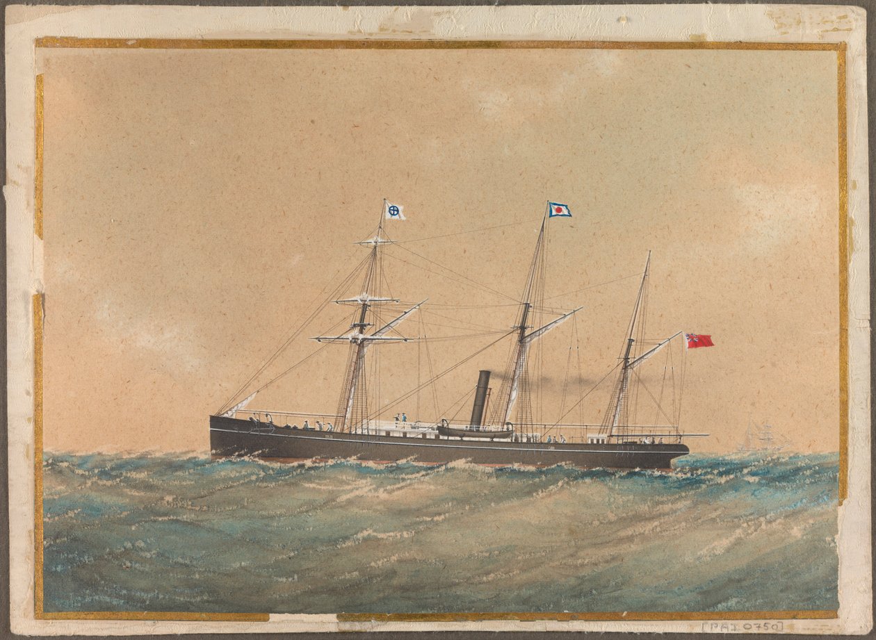 Satsuman lipun alla purjehtiva ruuvihöyrylaiva, luultavasti "Lotus", 1800-luvun alku (vesiväri). tekijältä Unknown artist