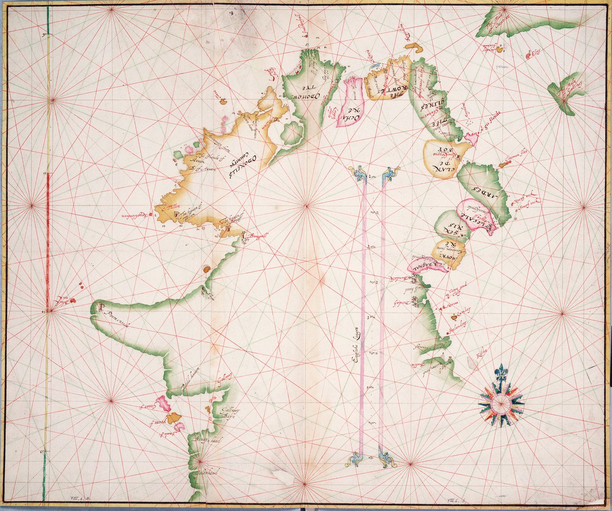 Irlannin pohjoisrannikon merikartta, noin 1600 (paperi, pellava) tekijältä Unknown artist