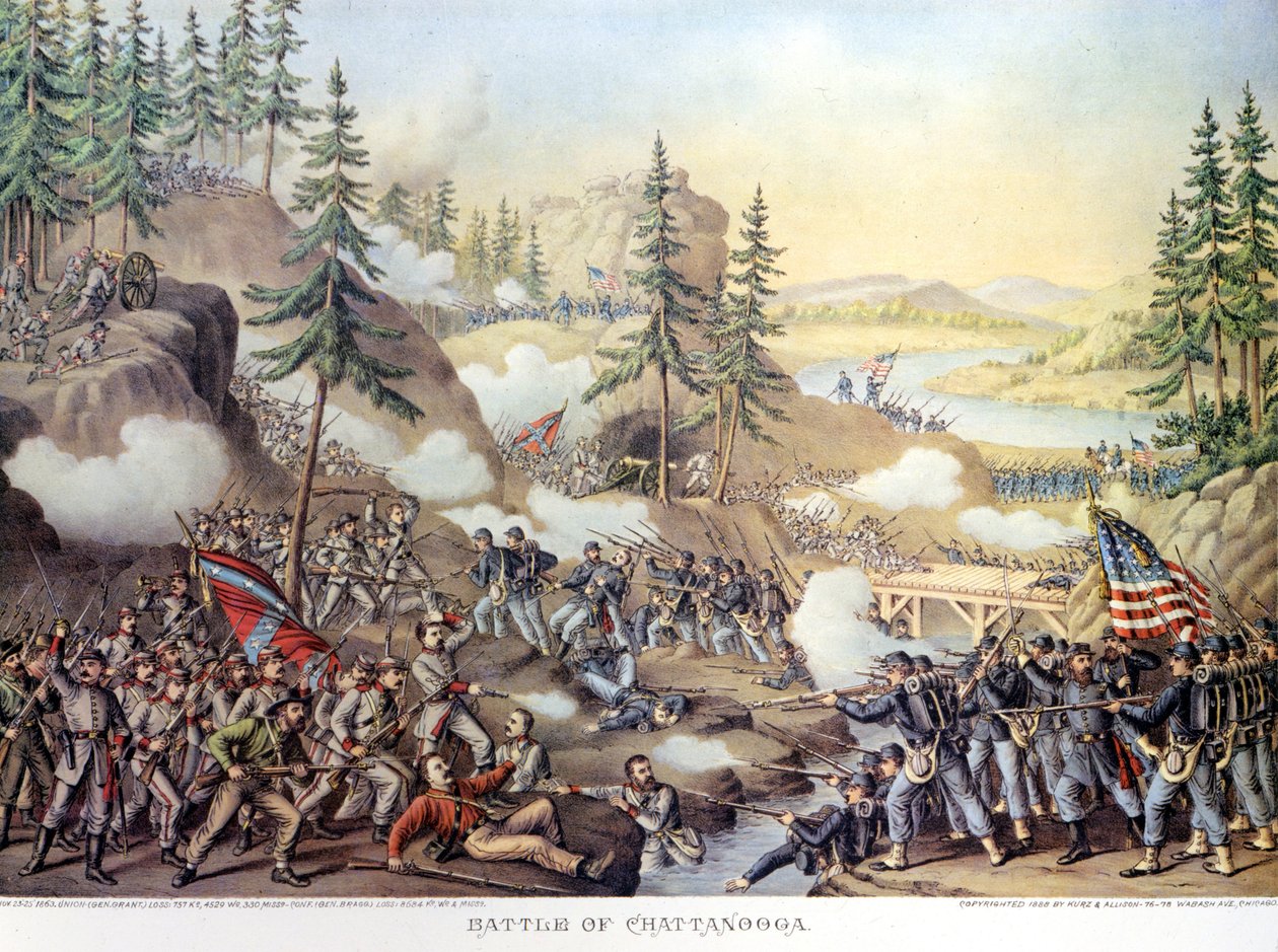 Secession War (1861 - 1865) tai American Civil Giuerre: 24.-25.11.1863: kahden päivän taistelun jälkeen Chattanoogassa Tennesseen osavaltiossa, kenraali Rosecransin komentaman pohjoisen armeijan voitto. Kaiverrus. tekijältä Unknown artist
