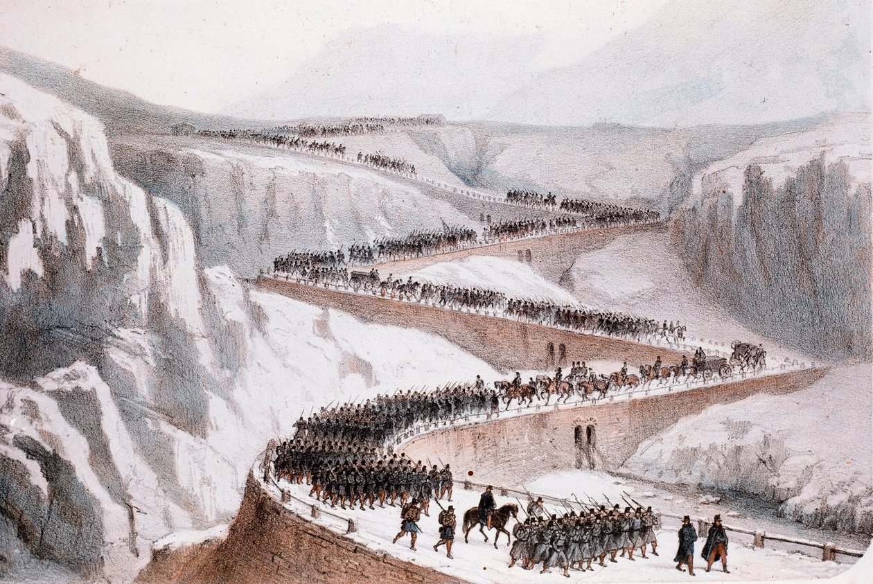 Italian toinen vapaussota: Ranskan armeija siirtyi Moncenisioon 29. huhtikuuta 1859 (tulostus) tekijältä Unknown artist
