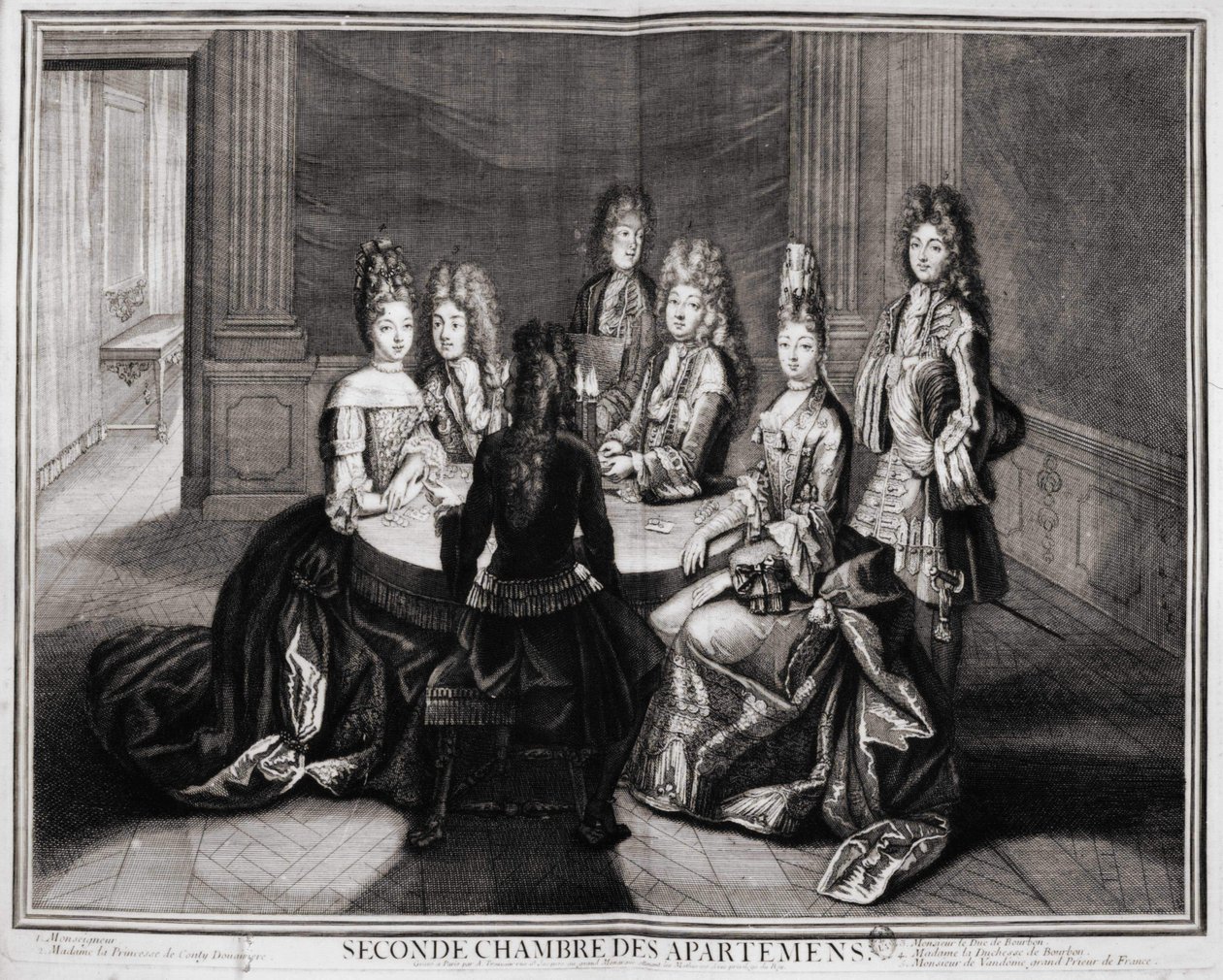 Huoneistojen toinen huone (Versailles): 1. Monsignor, 2. Madame Princess of Conty Dowager, 3. Monsieur le Duke de Bourbon, 4. Rouva Bourbonin herttuatar, 5. Monsieur de Vandôme, Ranskan suurpriori. Kaiverrus Trouvainista, 1700-luvun alku tekijältä Unknown artist
