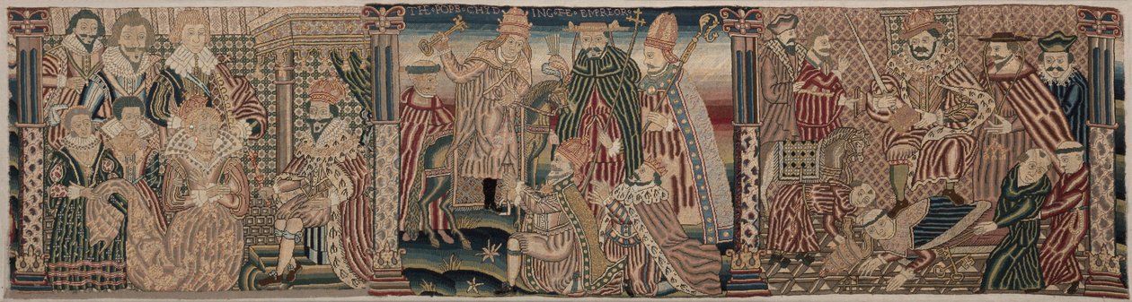 Brodeeratun friisin osio: Ahasverus ja Esther, paavi nouki keisaria, Henrik VIII tallaa paavin kaulaa tekijältä Unknown artist