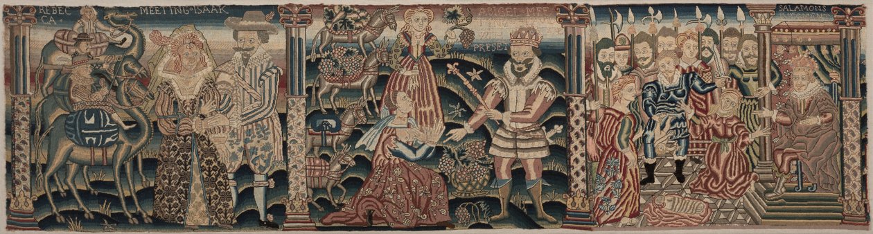 Brodeeratun friisin osa: Rebecca tapaamassa Iisakia, Abigail tapaamassa Daavidia lahjan kanssa, Salomon tuomio tekijältä Unknown artist