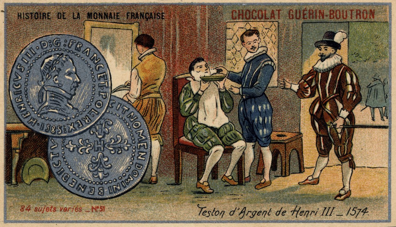 Sarja Ranskan valuutan historia, julkaisija Chocolat Guérin Boutron. 1800-luvun kromolitografia. Henry III:n hopeatestoni. 1574 tekijältä Unknown artist