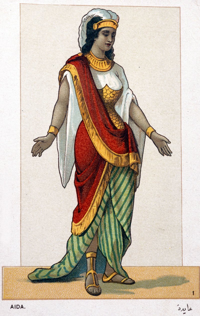 Sarja kromolitografioita oopperapukuista Giuseppe Verdin Aidan ensimmäisen esityksen yhteydessä: Aida. 1872 tekijältä Unknown artist
