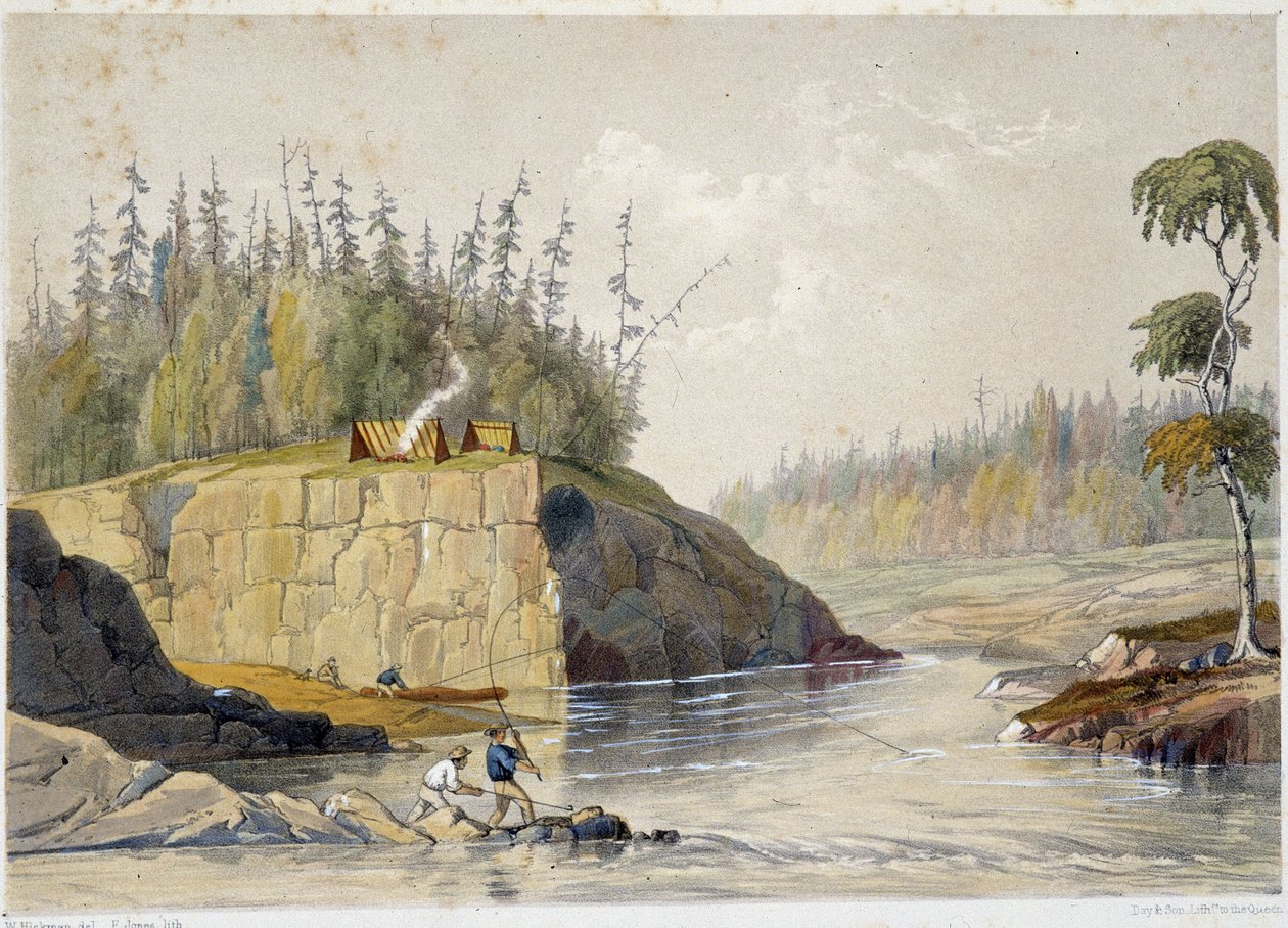 Uudisasukkaat Kanadassa kalastamassa joessa - William Hickmanin "" Luonnokset nipisaguitista, New Brunswickin joesta Amerikassa"" Halifax tekijältä Unknown artist