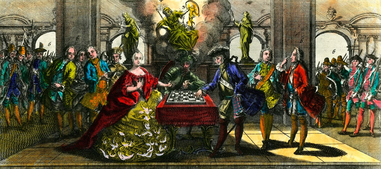 Seitsemänvuotinen sota: Itävallan Marie Theresen (1717-1780) ja Preussin Fredericin (1712-1786) shakkipeliä edustava allegoria. Kaiverrus 1700-luvun yksityiskokoelmasta tekijältä Unknown artist