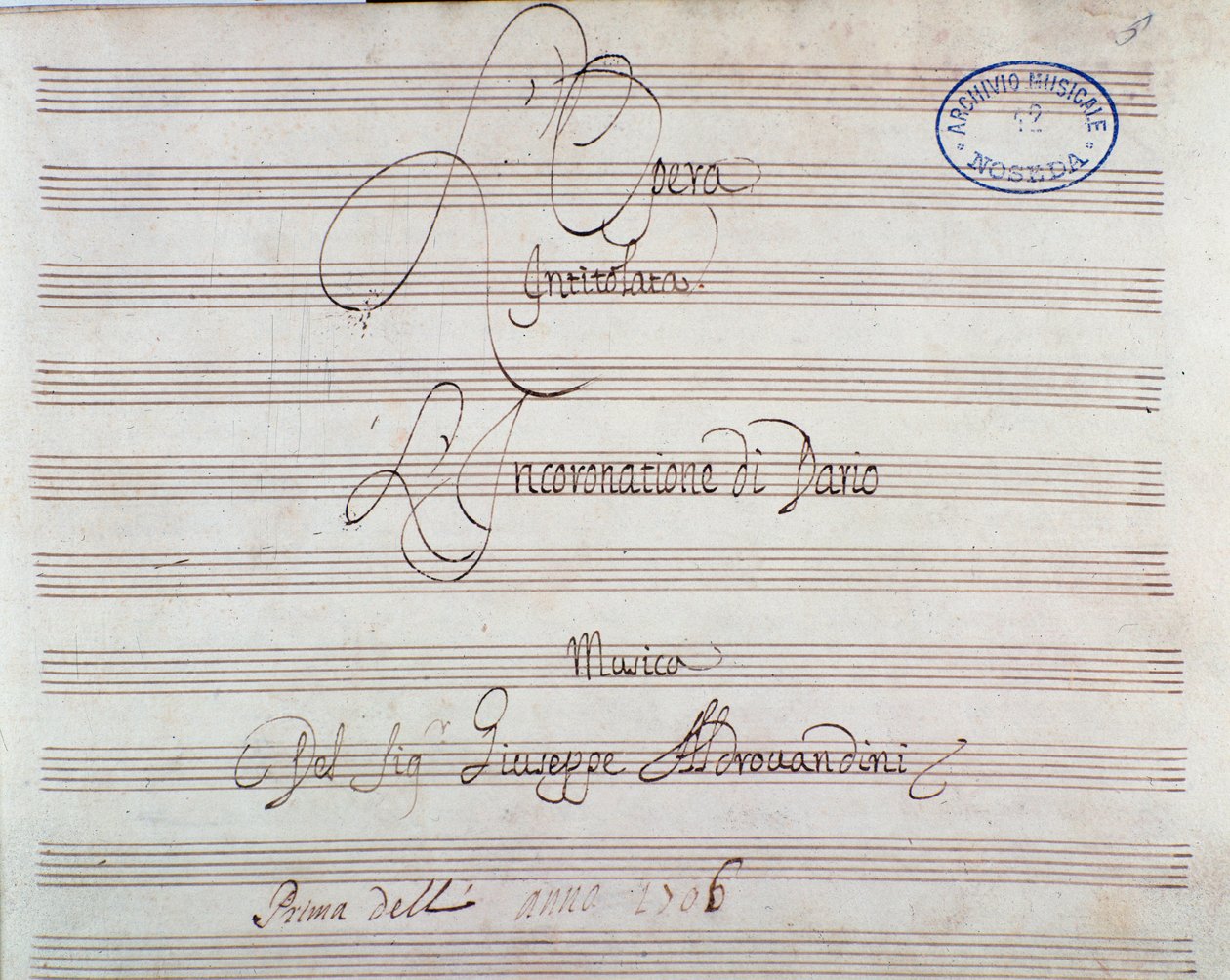 Nuottisivu Giuseppe Aldrovandinin Dariuksen kruunaamiseen (1703) tekijältä Unknown artist