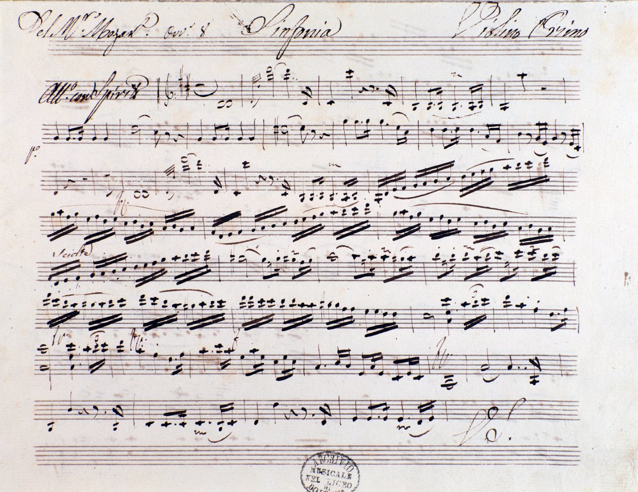Nuottisivu ensimmäiselle viululle sinfoniassa nro. 7, kirjoittanut Mozart tekijältä Unknown artist