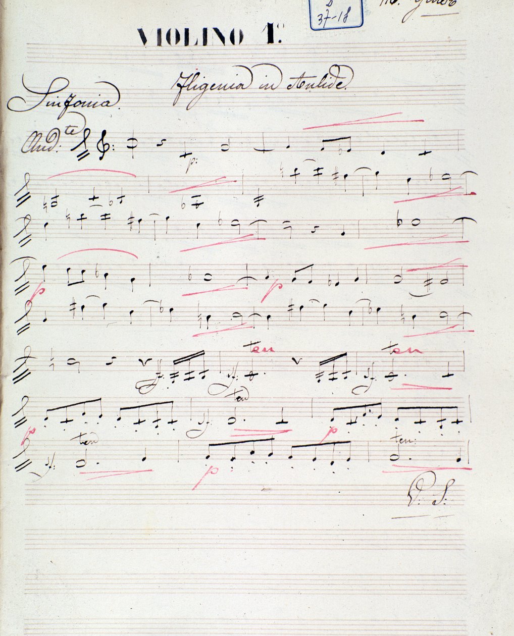 Nuottisivu C. W. Gluckin oopperan Iphigenie en Auliden ensimmäiselle viululle, n. 1774 tekijältä Unknown artist