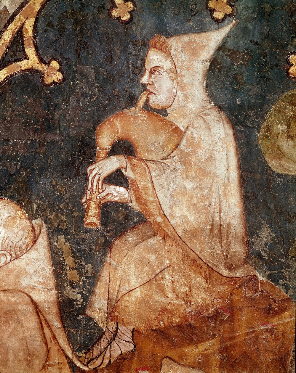 Paimen puhaltaa säkkipillissä Yksityiskohta. 1300-luvun fresko. Navarran Olite-museosta (Navarra), Pamplona tekijältä Unknown artist