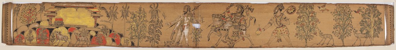 Shiva ja hänen seuraajansa palaavat Kailash-vuorelle (verso), Chandrabhanun ja Lavanyavatin romanssista Upendra Bhanjasta (1670–1740) tekijältä Unknown artist