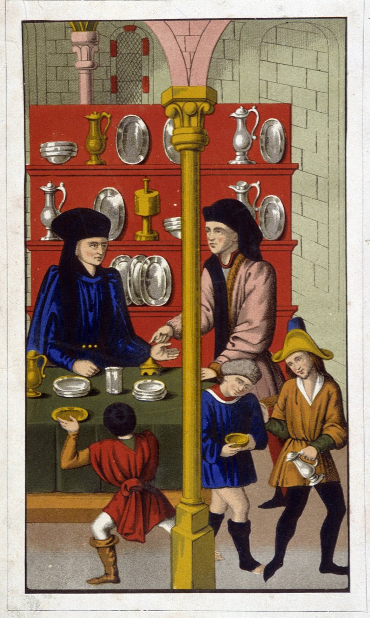 Kultasepän myymälä 1400-luvulla - Repro 1800-luvulta antiikin doc. tekijältä Unknown artist