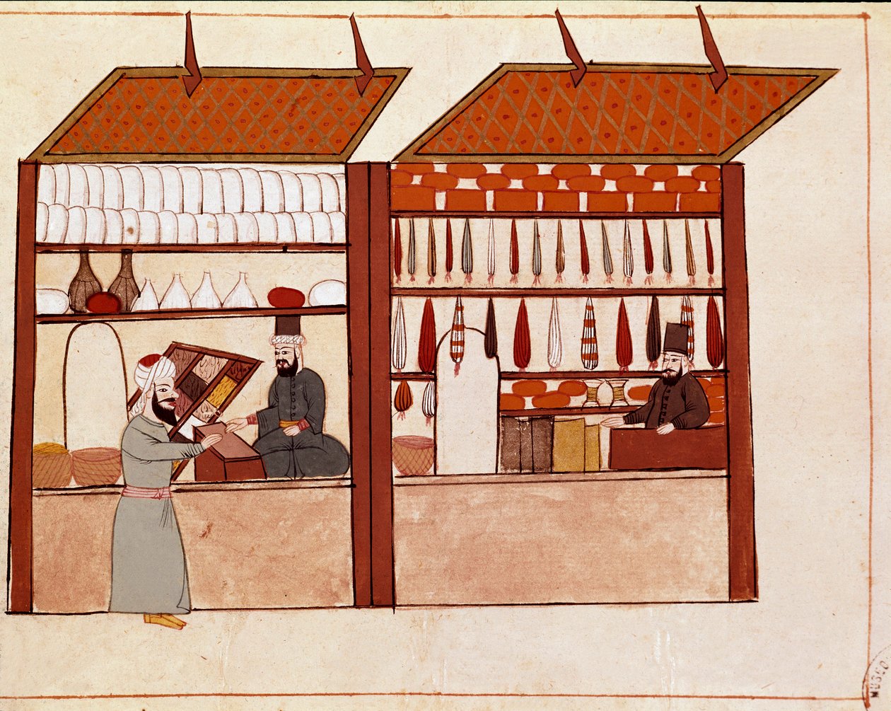 Kaupat Konstantinopolin kaduilla. Pienoiskuva 1800-luvun Cicogna-käsikirjoituksesta (1828) 1600-luvun alkuperäisen (1671) jälkeen. Venetsia, Biblioteca Marciana tekijältä Unknown artist