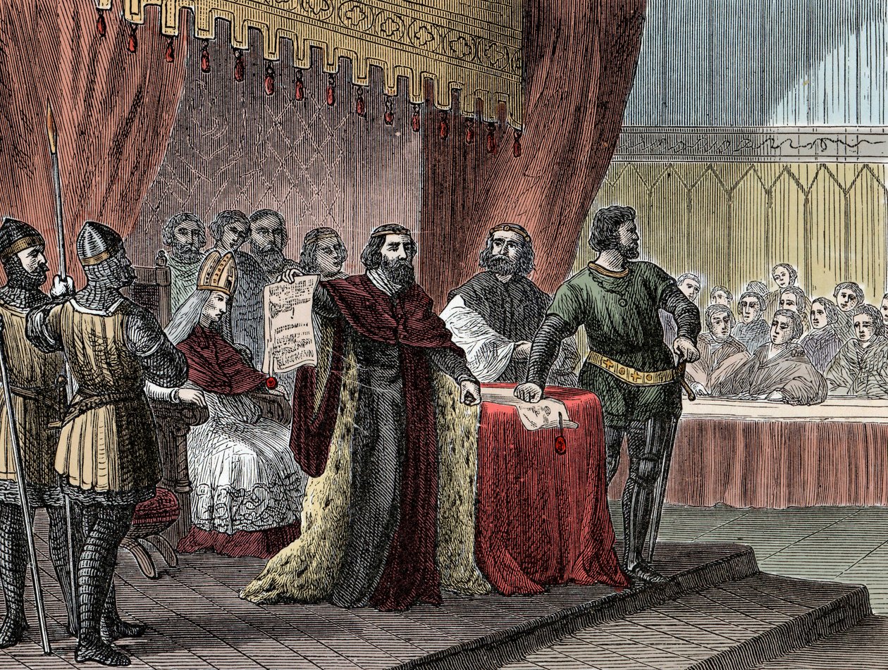 Kuningas John Sans Terren (1167-1216) "" Suuren peruskirjan" ("" Magna Carta") allekirjoitus Runnymedelle 15. kesäkuuta 1215" tekijältä Unknown artist