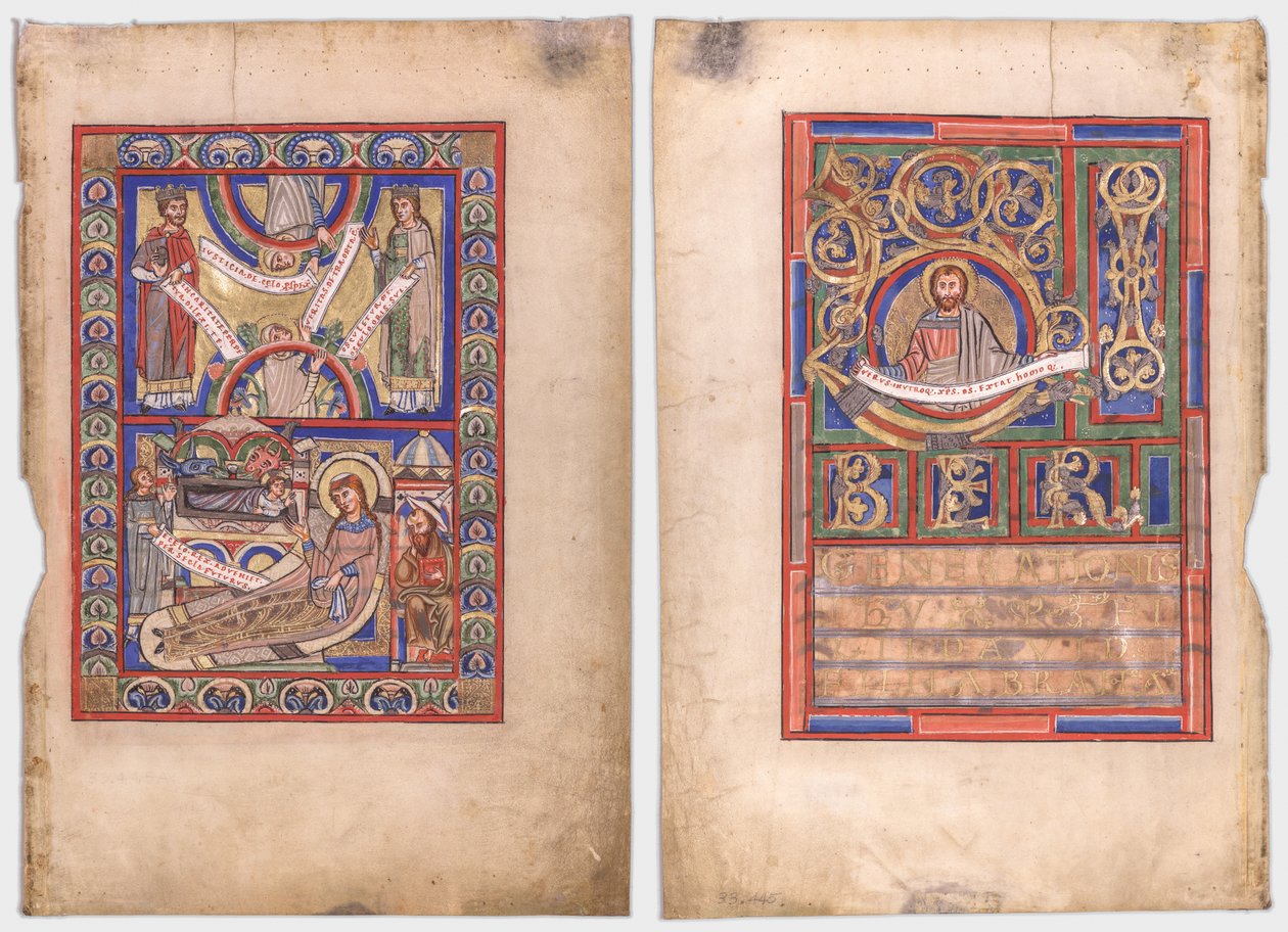 Yksi evankeliumikirjasta leikattu lehti: Syntymä (recto) ja Pyhä Matteus (verso) tekijältä Unknown artist