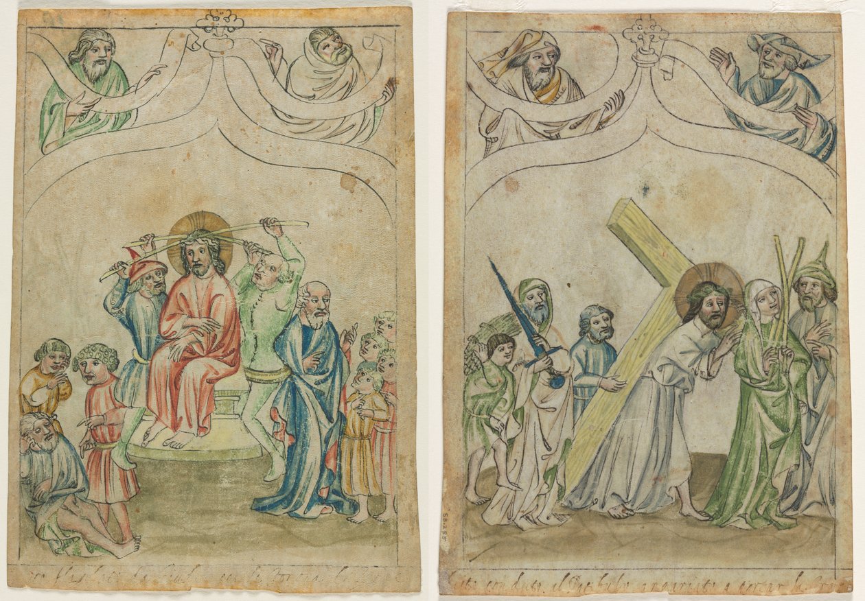 Yksittäinen lehti "Biblia Pauperumista": orjantappuroilla kruunattu Kristus (recto) Kristus kantaa ristiä (verso) tekijältä Unknown artist