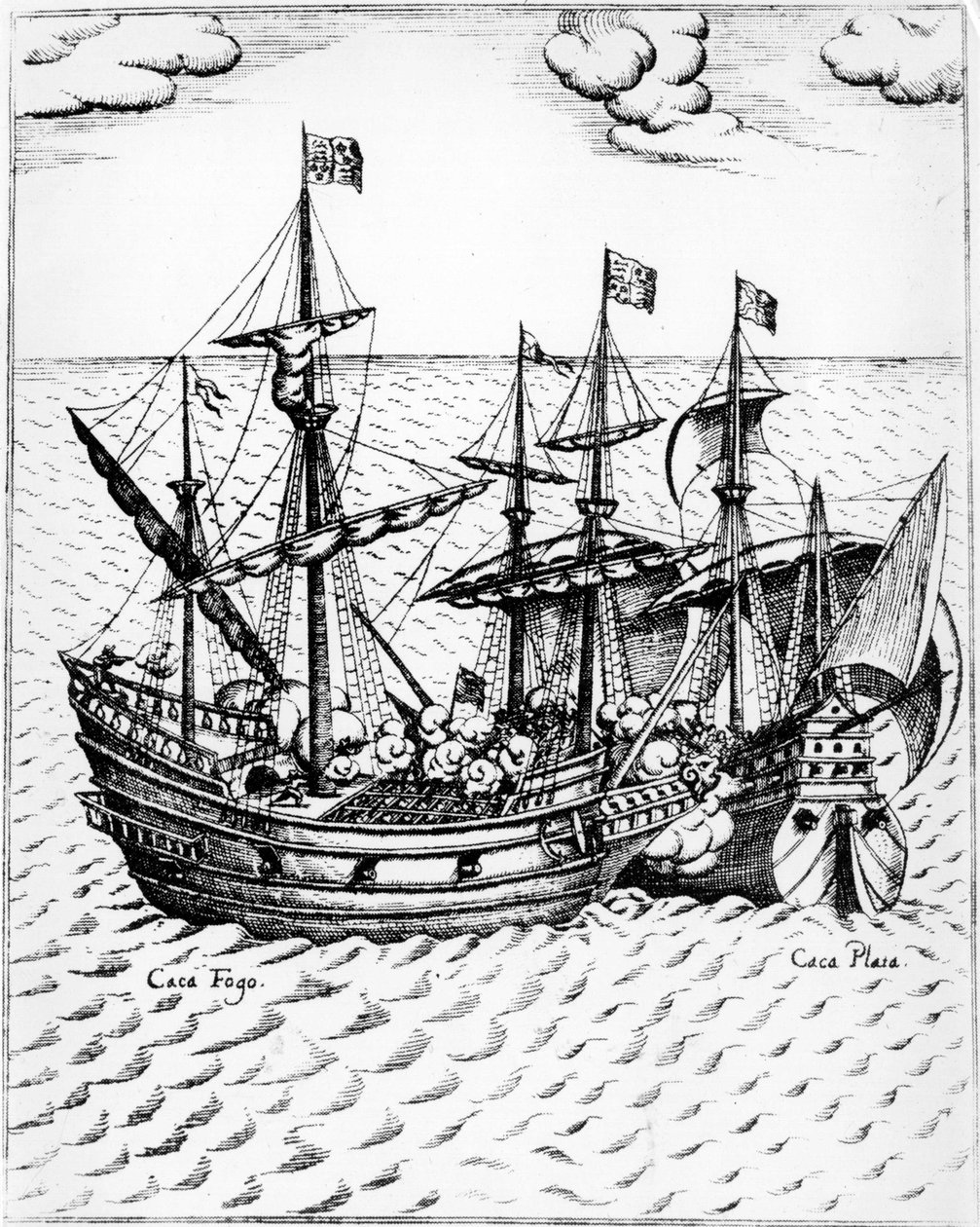 Sir Francis Draken "Golden Hind" (1540-1596) vangitsee espanjalaisen Nuestra Senora de Conception -aluksen, joka tunnetaan nimellä "Cacafuego" vuonna 1579 Ecuadorin edustalla. Kaiverrus 1500-luvulta. tekijältä Unknown artist