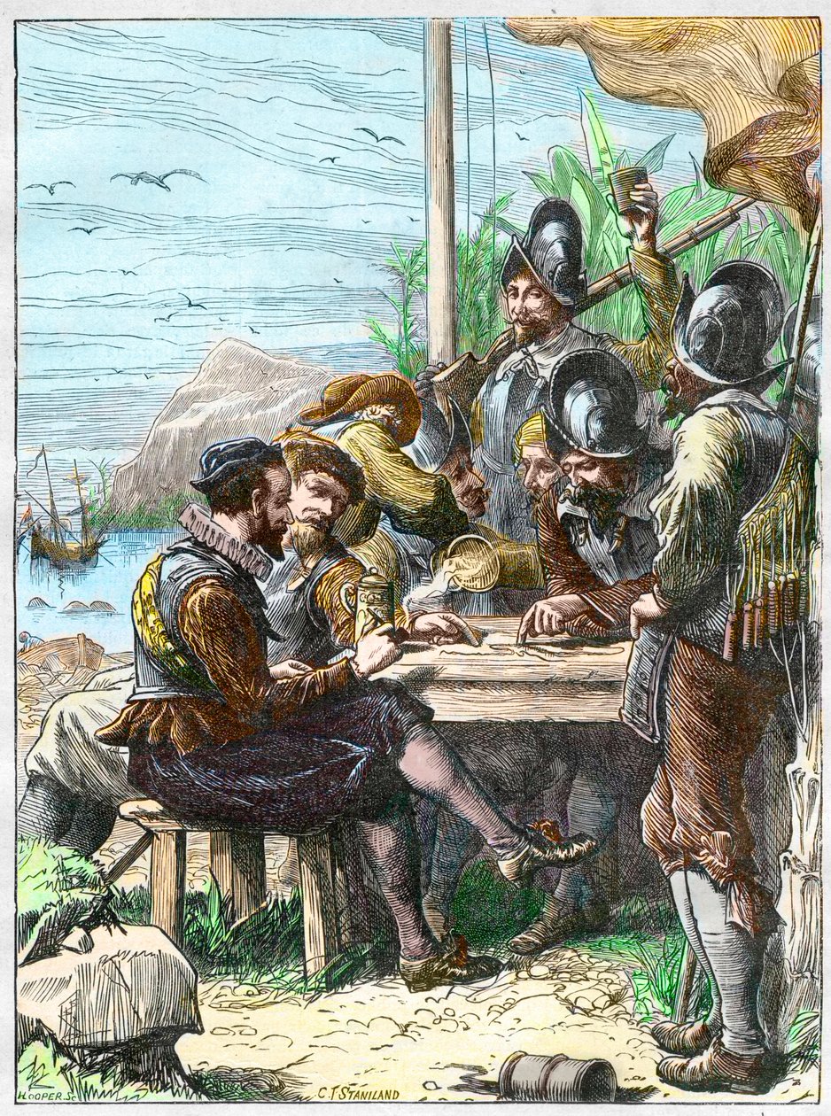 Sir Walter Raleigh Trinidadissa, saamassa tietoja espanjalaisilta Guayanasta, 1595. - Walter Raleighin tutkimusmatka tekijältä Unknown artist