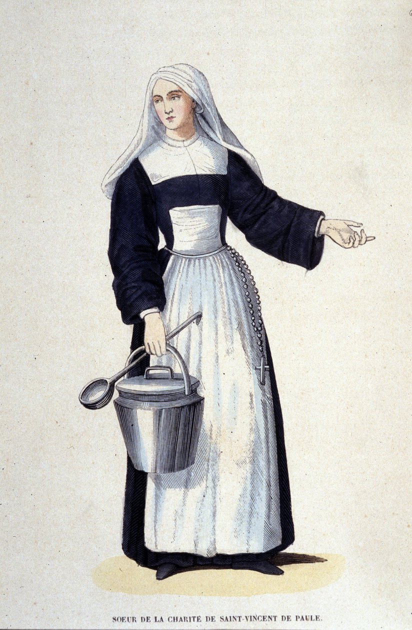 Saint Vincent de Paulin hyväntekeväisyysjärjestön sisar. Kaiverrus albumista uskonnollisista määräyksistä, Pariisi tekijältä Unknown artist