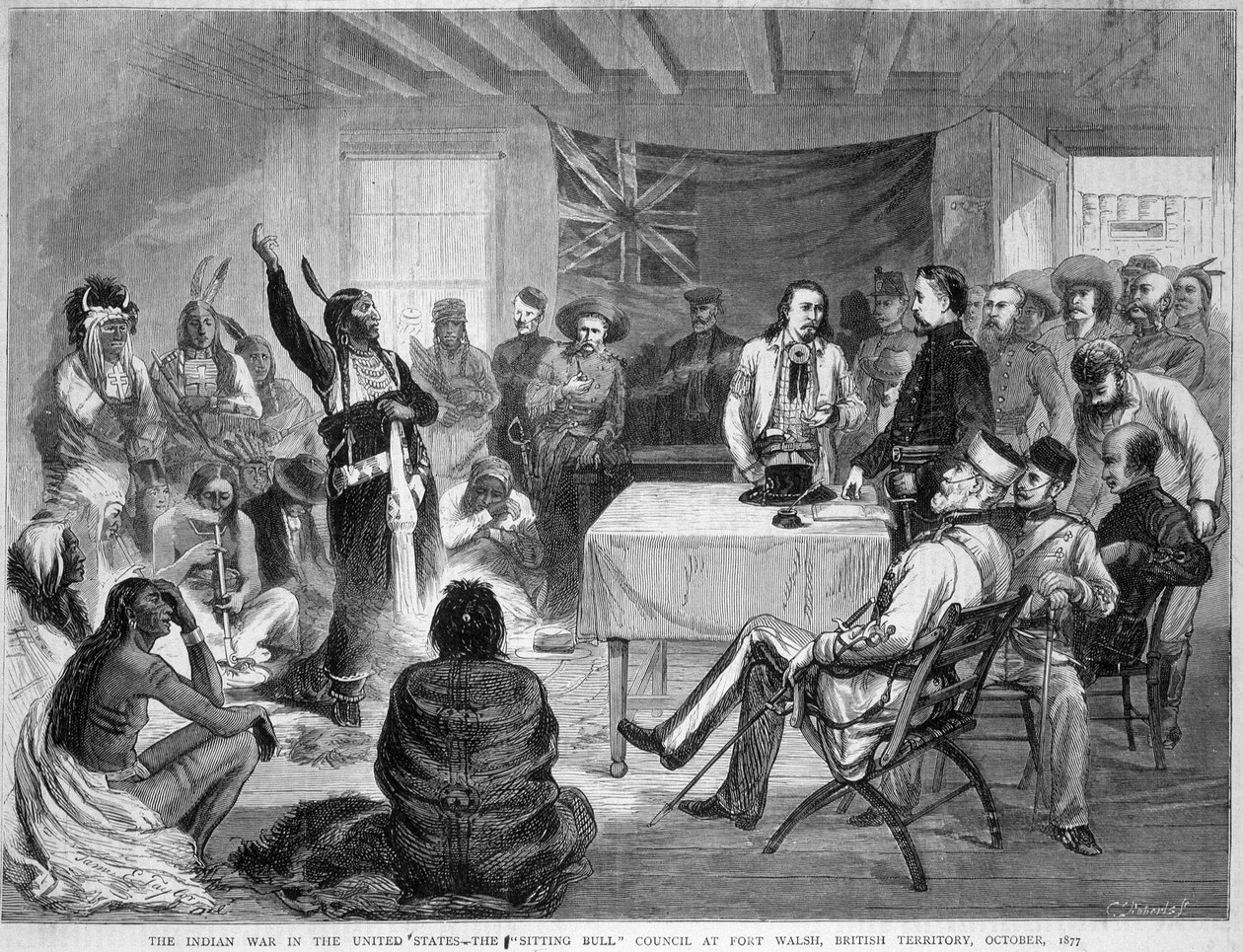 Sitting Bull ja Buffalo Bill: Sitting Bull Council Fort Walshissa, Brittiläisellä alueella, sodan aikana intiaanien kanssa, lokakuu 1877 tekijältä Unknown artist