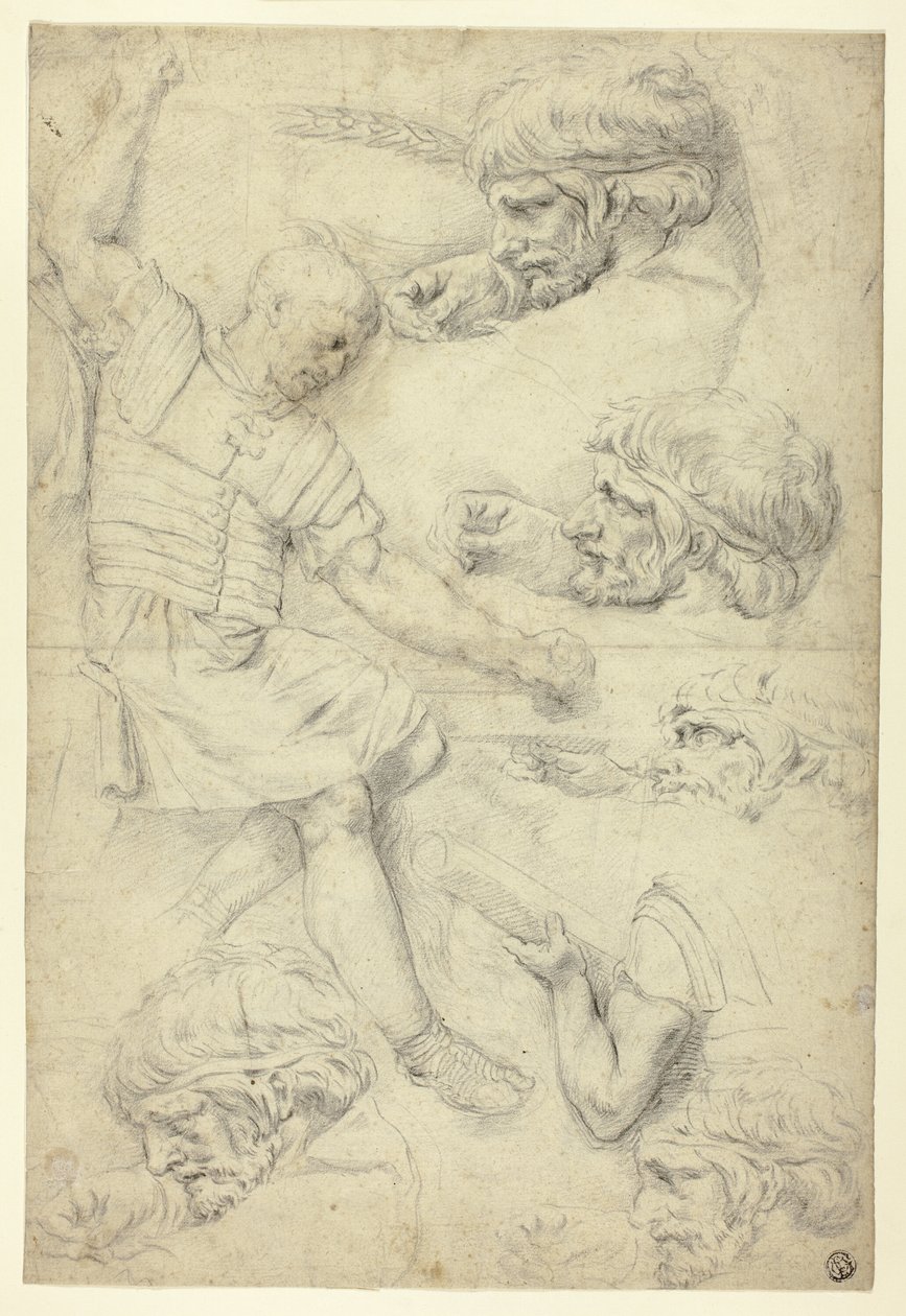 Luonnokset sotilasta, päät, roomalaisesta kohokuviosta (recto); Luonnokset miesakteista, Roman Reliefistä (verso) tekijältä Unknown artist