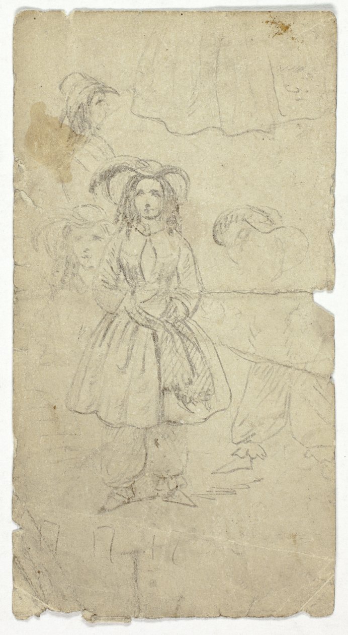Luonnoksia nuoresta tytöstä (etusivu); luonnoksia banjon soittajasta (kääntöpuoli). tekijältä Unknown artist