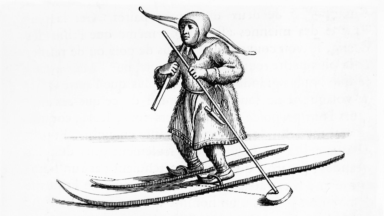 Epätasaisen pituinen Ski Lapon - Johanes Schefterin "" Laponiassa" -kaiverrus tekijältä Unknown artist