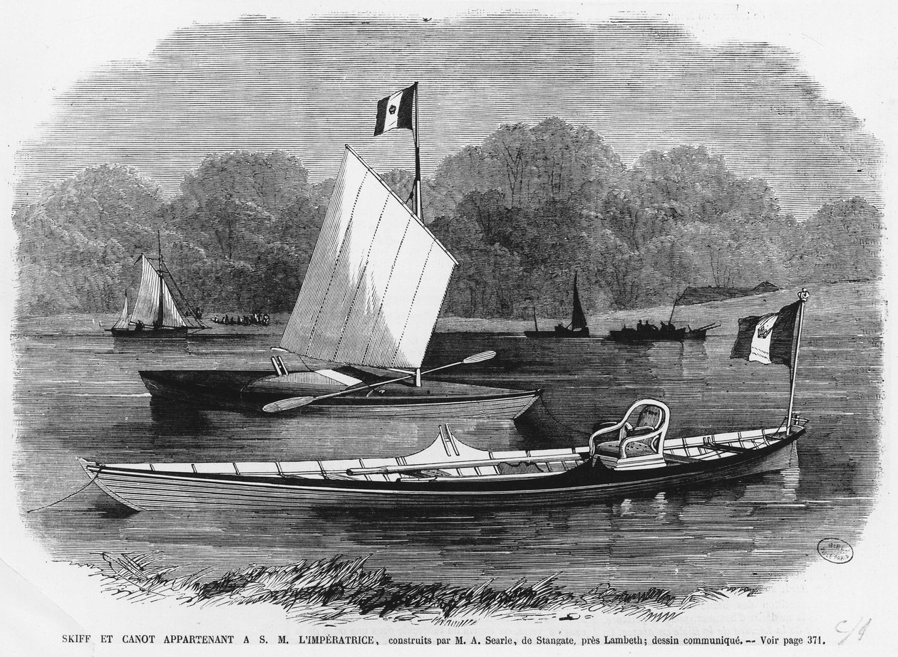 Skiff ja kanootti imperatricen vieressä, M.A. Searle de Stangaten rakentama lähellä Lambethia - kaiverrus tekijältä Unknown artist
