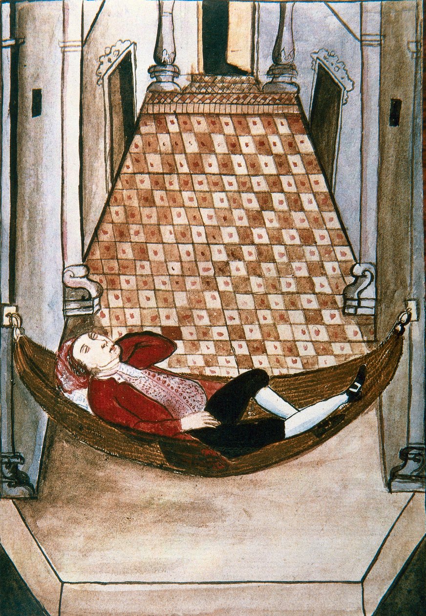 Uninen espanjalainen rikkaan palatsin riippumatossa, kirjasta "Trujillo del Peru" tai "Codex Martinez Companion", kirjoittaneet Baltazar Martinez Companion ja Bujanda, Trujillon piispa (1782-1785) tekijältä Unknown artist