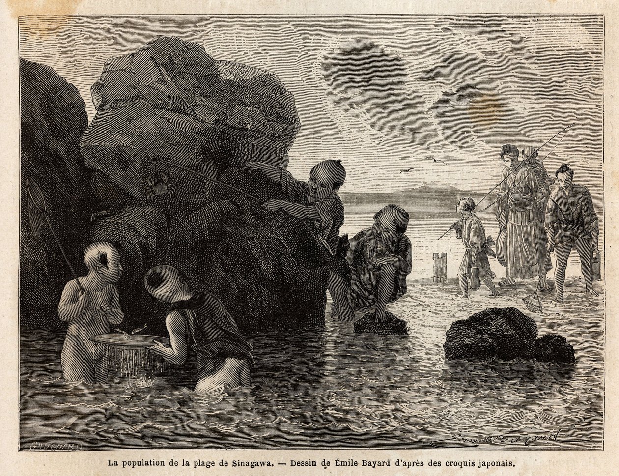 Pieniä kalastusaktiviteetteja rannalla Sinagawassa, lapset roiskuvat vedessä ja pyytävät rapuja ja pieniä kaloja. Kaiverrus havainnollistamaan matkaa Japaniin vuosina 1863-1864, Sveitsin valaliiton ministeri Aime Humbert teoksessa "" Le tour du monde, nouv tekijältä Unknown artist