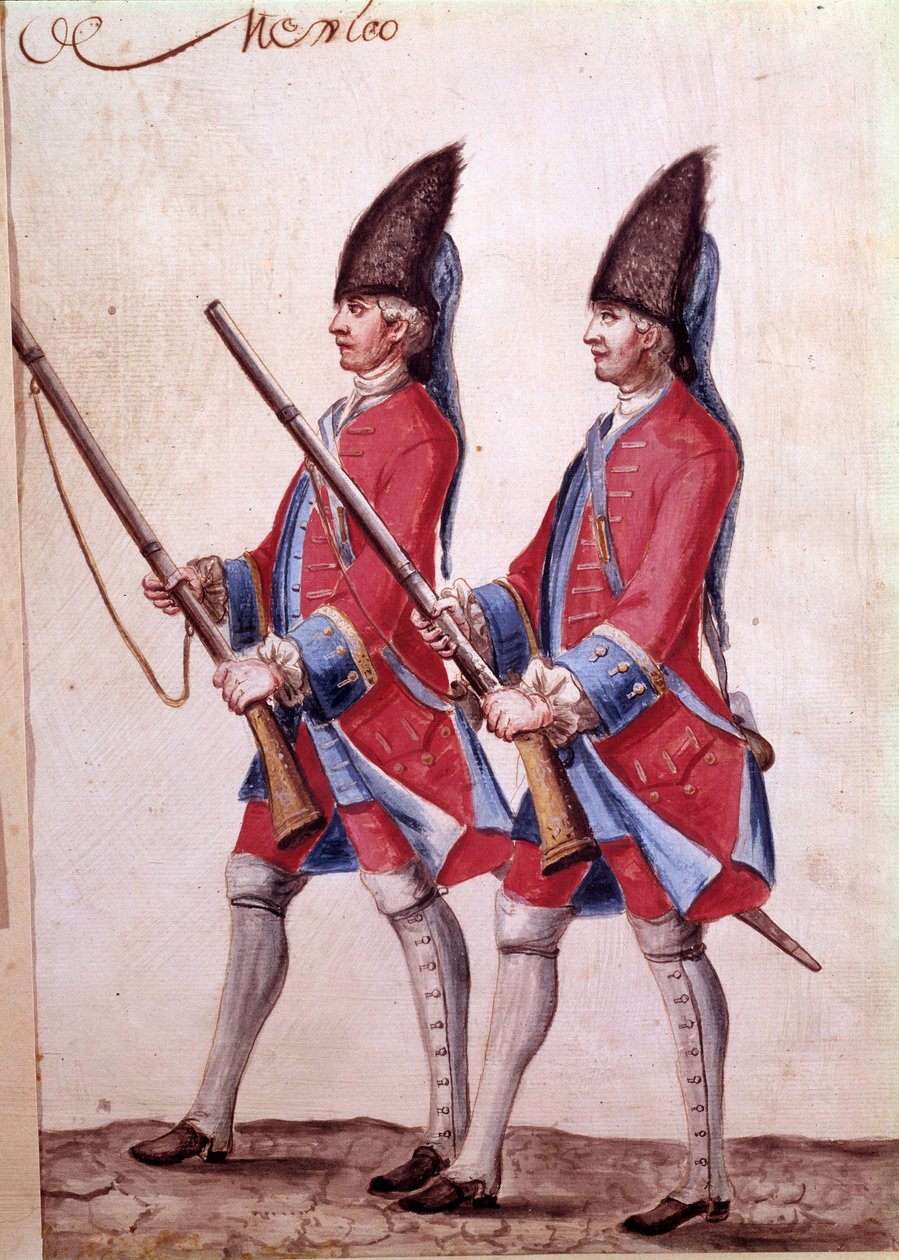 Meksikon rykmentin sotilaat, yksityiskohta 1700-luvun akvarellista. tekijältä Unknown artist
