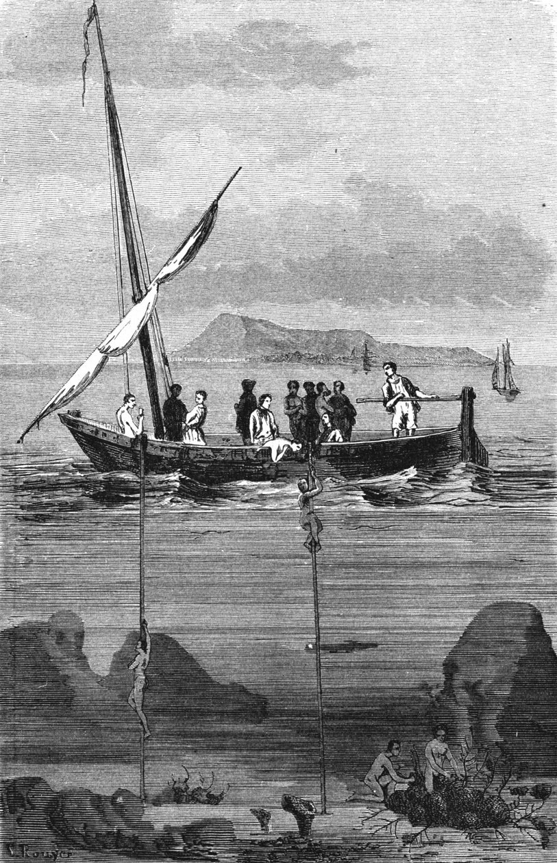Sienikalastus Syyrian rannikolla: sukeltajat laskeutuvat poimimaan sieniä käsin. Kaiverrus 1800-luvulta tekijältä Unknown artist