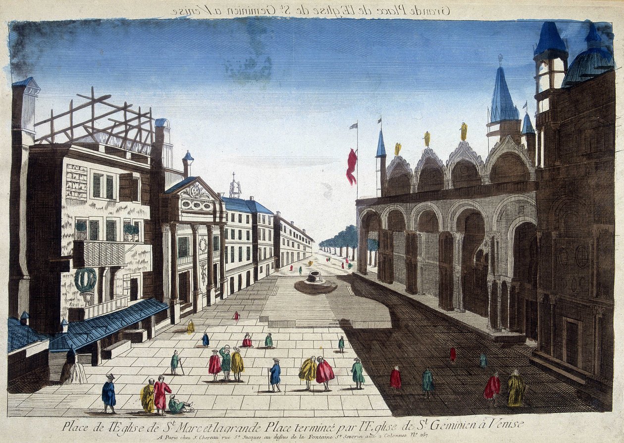 Pyhän Markuksen kirkon aukio ja Suuren aukion päättämä Pyhän Geminianin kirkko Venetsiassa. Kaiverrus 1700-luvulta. tekijältä Unknown artist