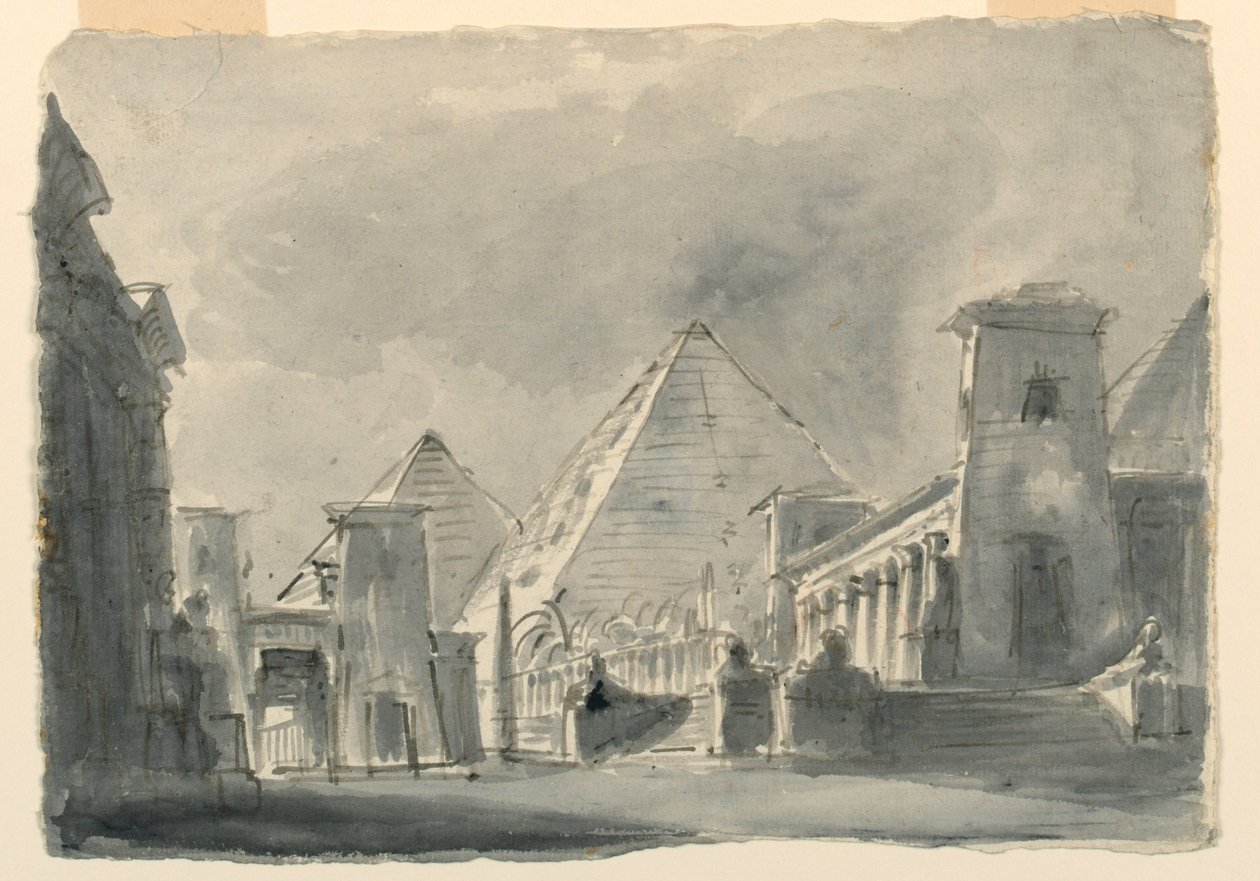 Lavastus, ryhmä egyptiläisiä rakennuksia ulkopuolelta tekijältä Unknown artist