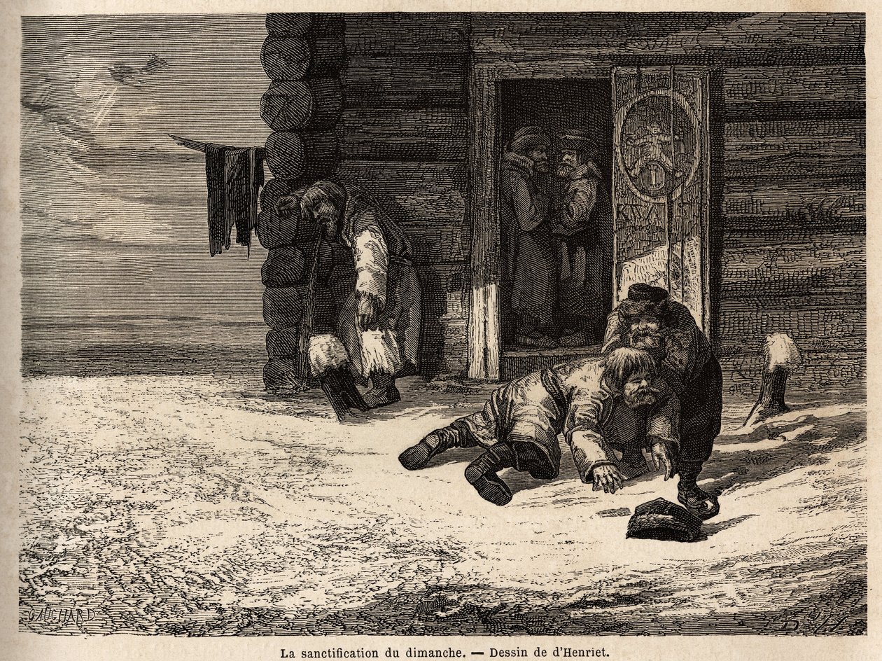 Sunnuntaipyhityksessä on kuminaviinaa, Dorpat-työläiset. Henrietin piirros havainnollistamaan hänen matkaansa Venäjän Baltian maakuntiin vuosina 1851-54. Kaiverrus kirjassa "" Le tour du monde", toimittanut Edouard Charton tekijältä Unknown artist