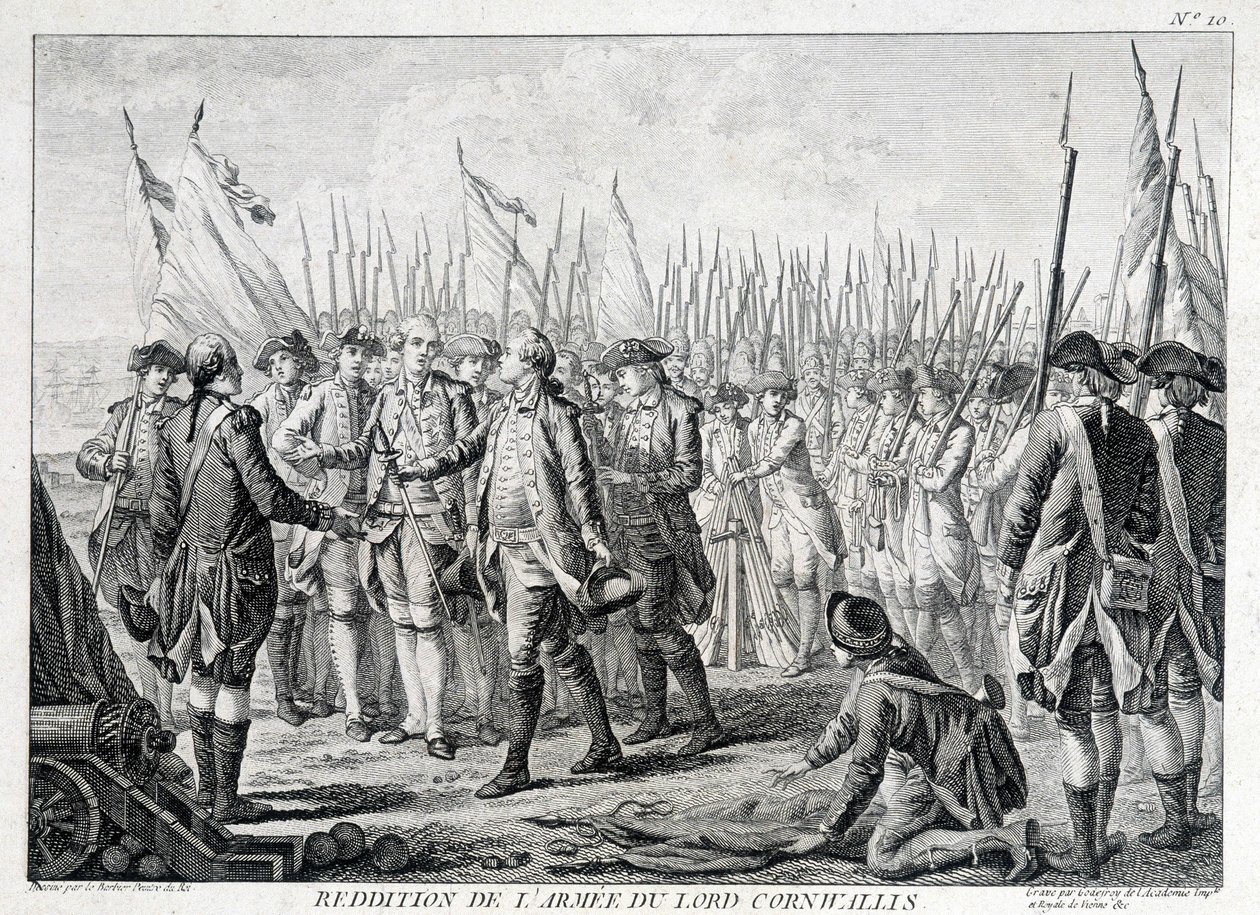 Lordi Cornwallisin (1738 - 1805) brittiarmeija antautui Amerikalle 19. lokakuuta 1781. tekijältä Unknown artist