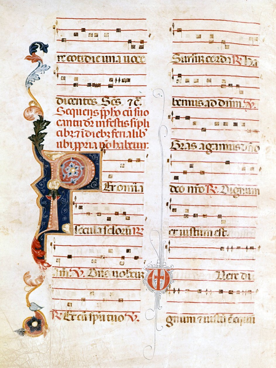Sursum Corda, esimerkki 1300-luvun merkinnöistä ("P"). tekijältä Unknown artist