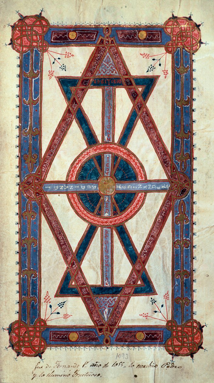 Symbolinen esitys Kristuksesta: "" Ego sum Alpha et Omega, primus et novissimus"" Sivu otettu "" Ferdinand I:n (Fernando I Leonin ja Kastilian) tuntikirjasta. tekijältä Unknown artist