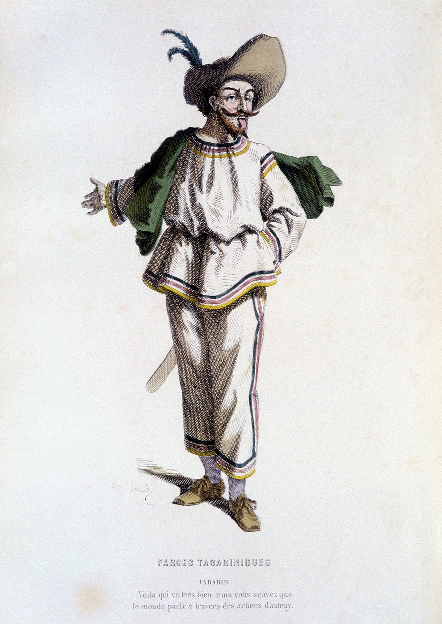 Tabarin, "Farces Tabariniquesin hahmo" (kirjoittaja Tabarin 1622), Edouard Fournierin ""ranskalaisessa teatterissa 1500- ja 1600-luvulla, ennen Molierea". tekijältä Unknown artist