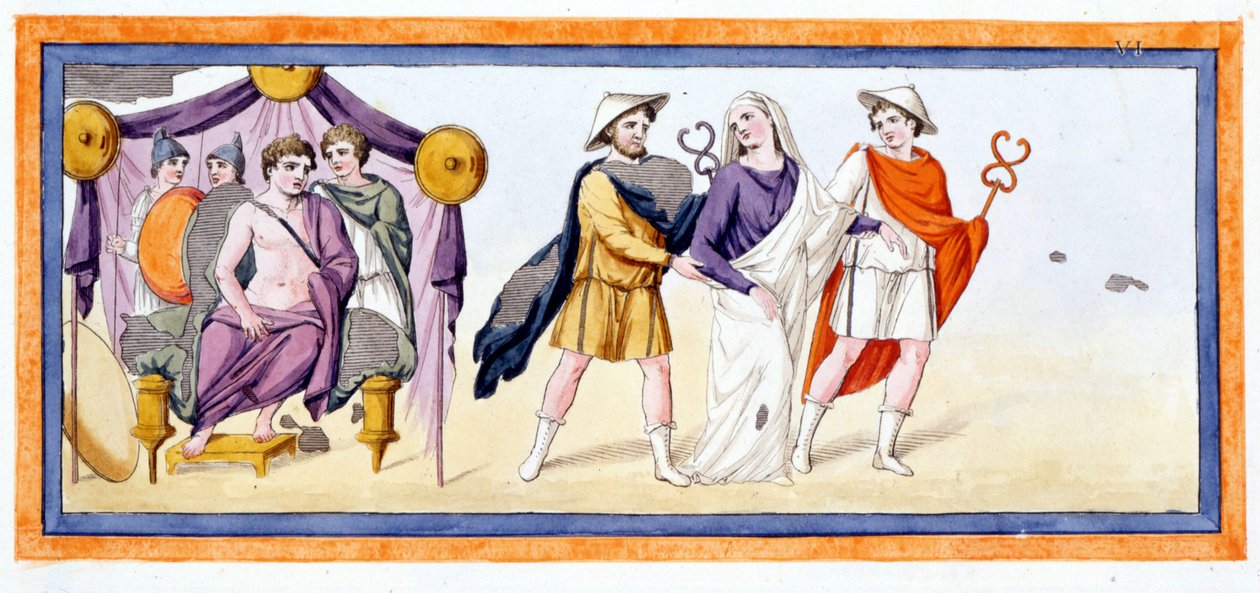 Talthybios ja Eurybates vievät neitsyt Briseisin ennen Akhilleusta, joka seisoo Myrmidonien teltassa. Ilias Chant I, v 345. Kaiverrus 1700-luvun lopulta. tekijältä Unknown artist